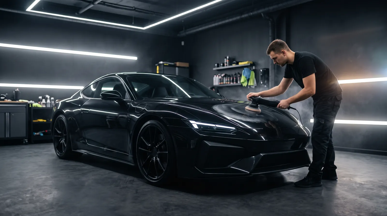 Zwarte sportauto in een donkere studio, een detailer polijst de motorkap met een polijstmachine