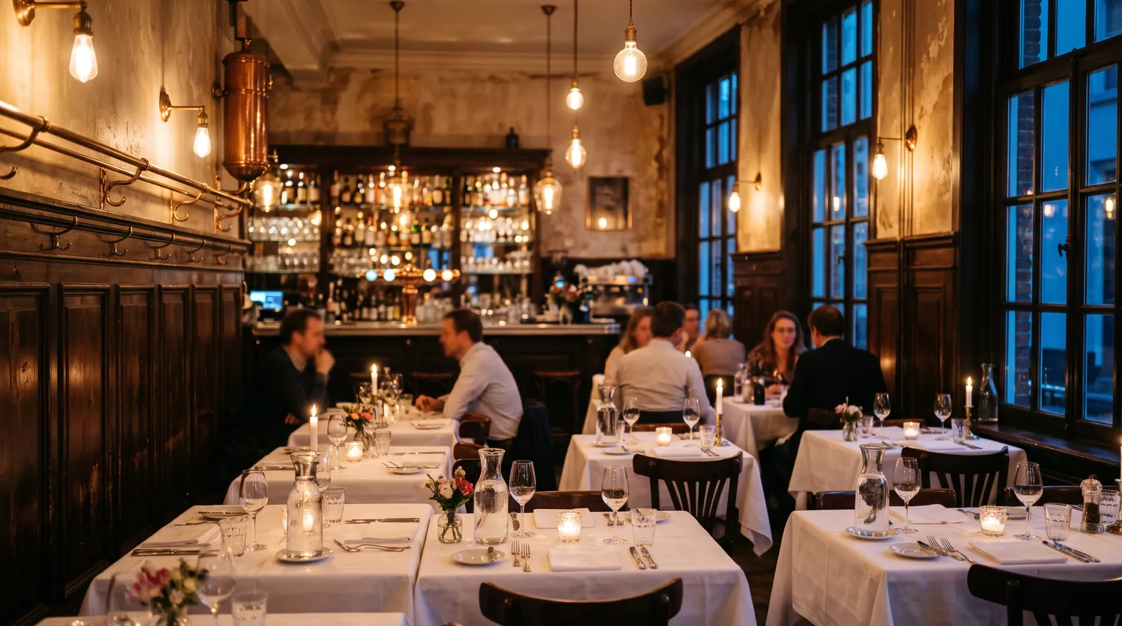Het interieur van Brasserie Wolf in de avond, met kaarsen, donker hout en warme lampjes