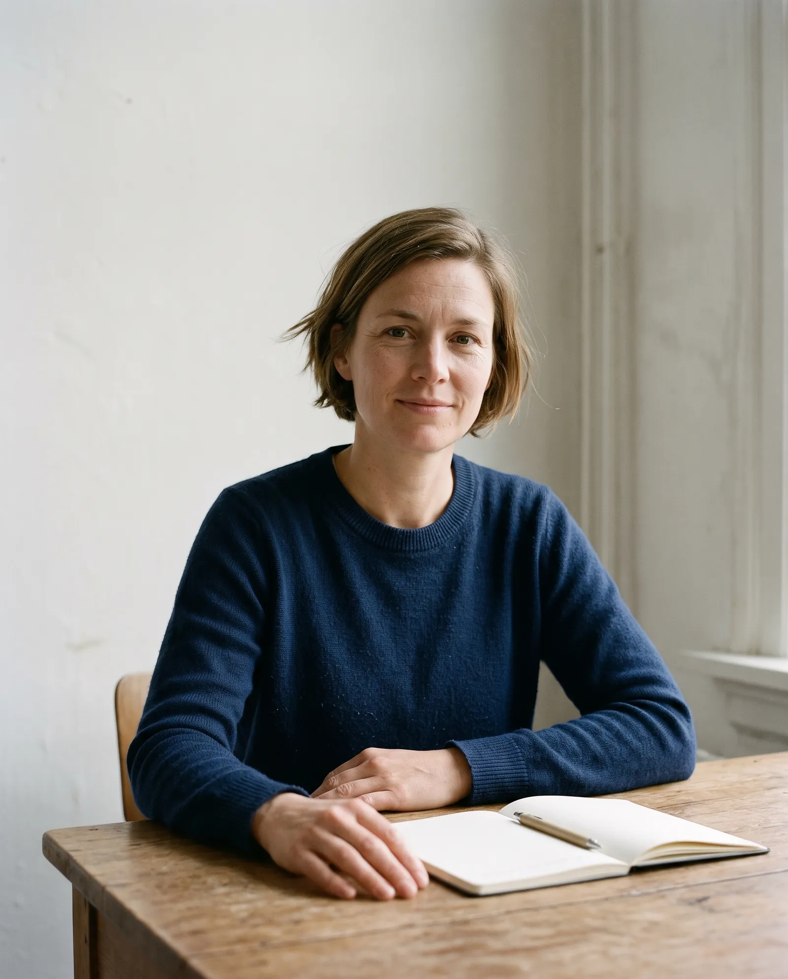 Portret van tekstschrijver Ilse aan een eenvoudig bureau met een notitieboek