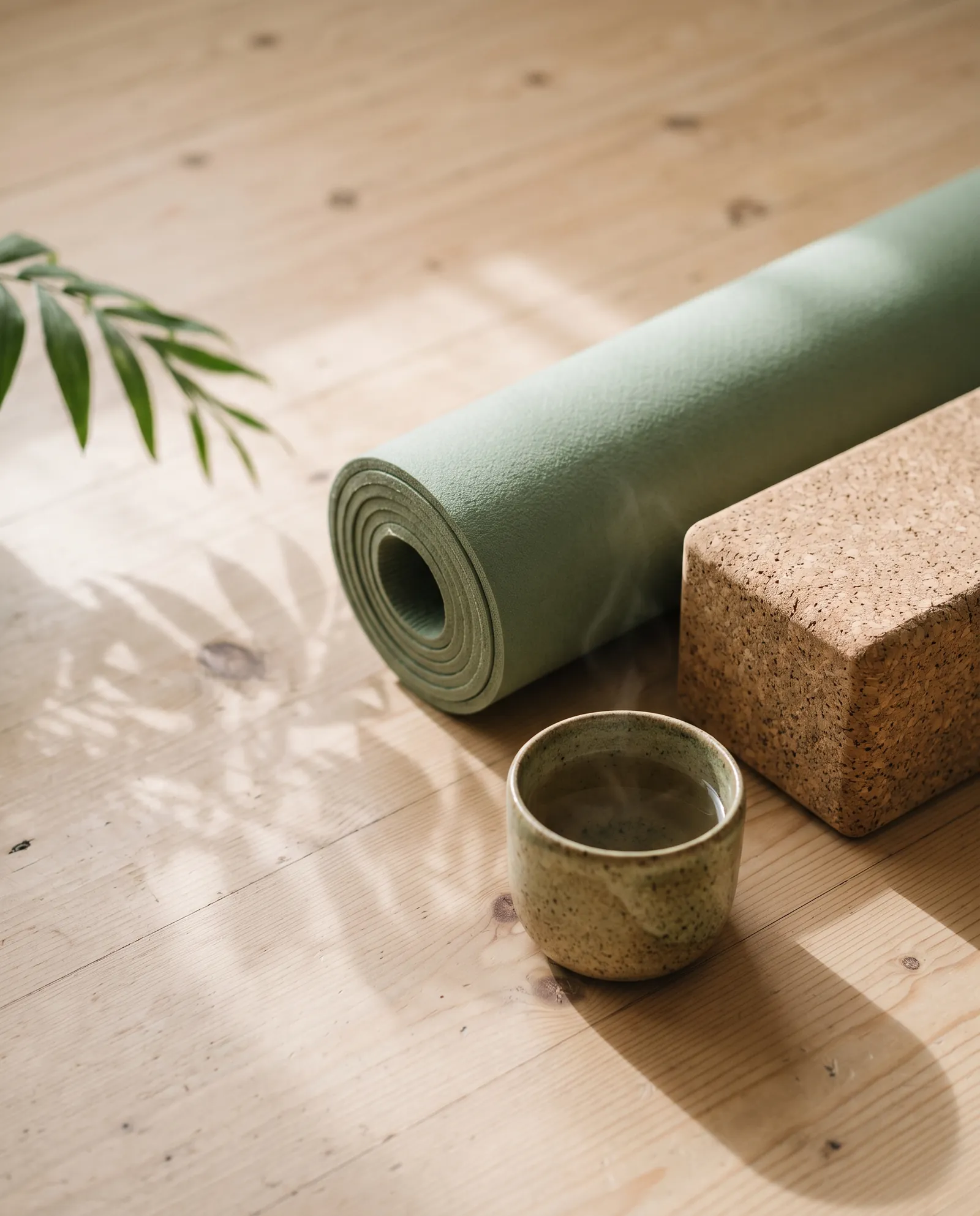 Yogamat met een houten blok en een kop kruidenthee op de houten vloer, schaduw van een plant