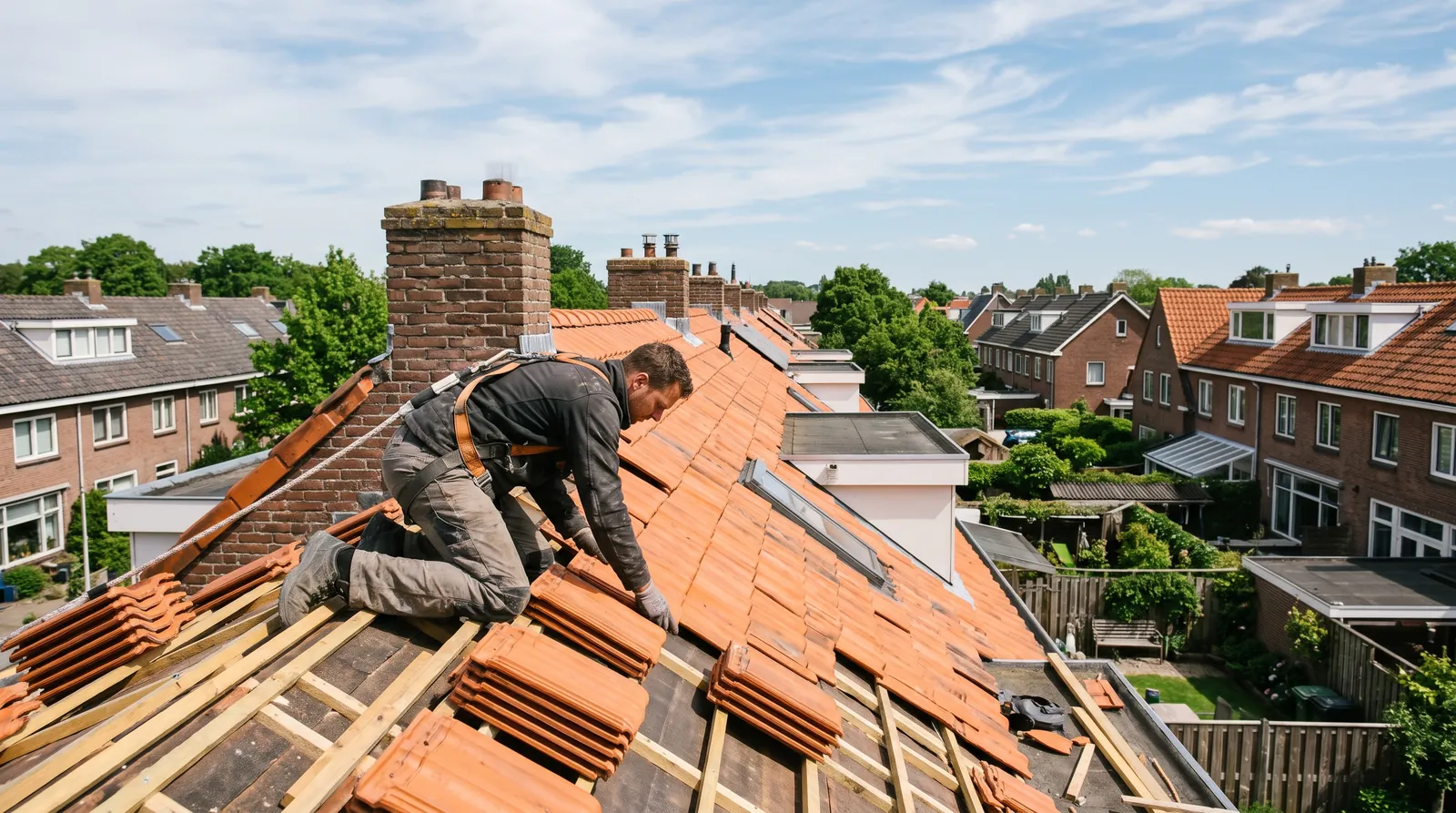 Dakdekker met veiligheidsharnas aan het werk op een pannendak onder een blauwe lucht