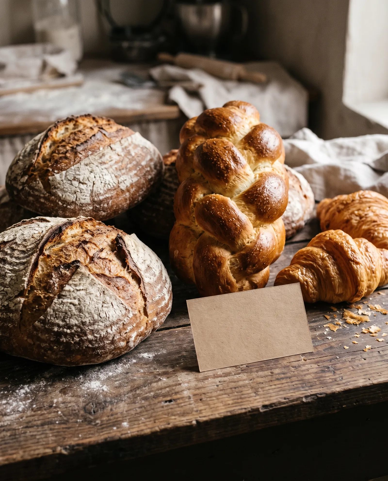 Desembroden en croissants op een houten toonbank