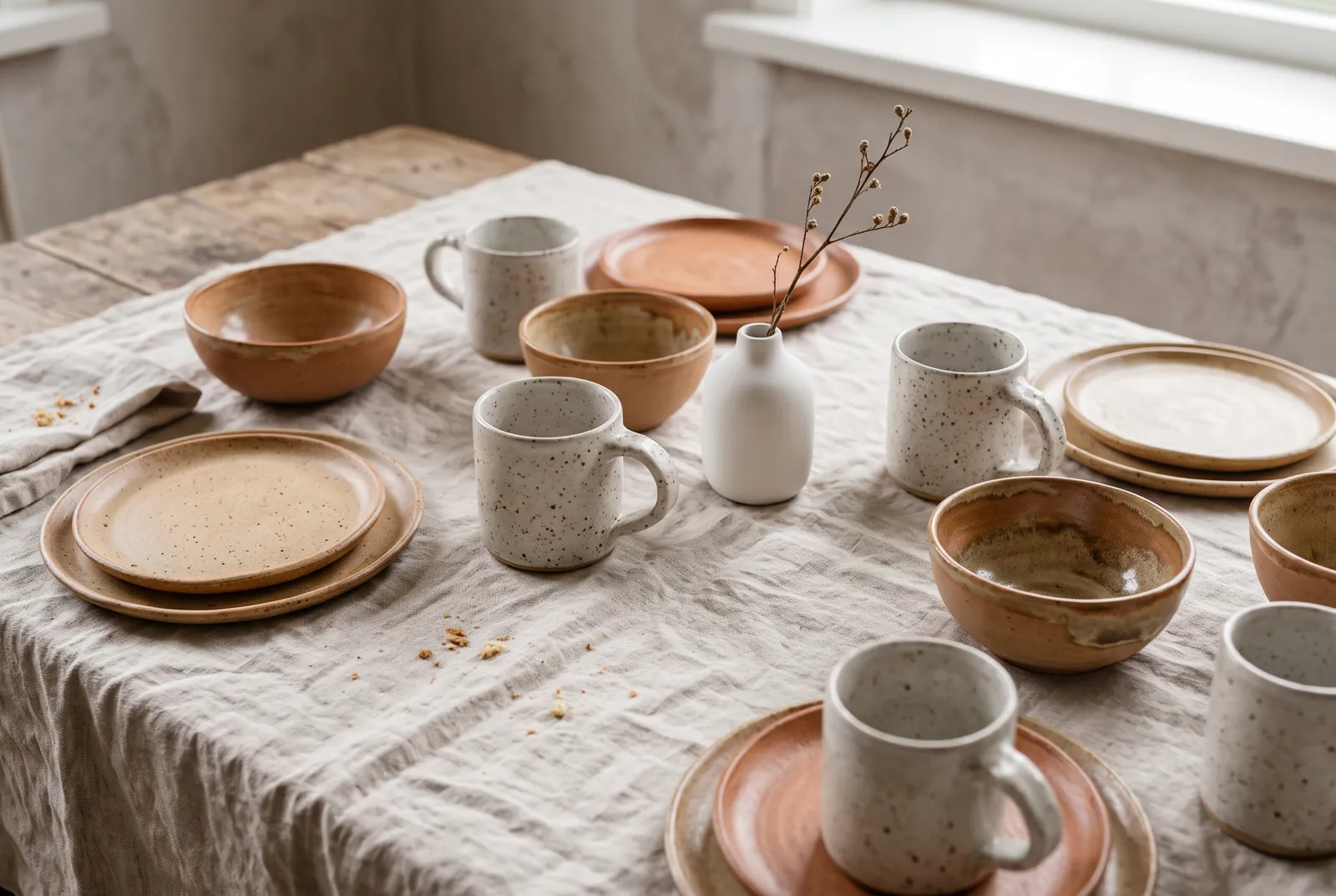Handgemaakt servies in terracotta en gebroken wit op een linnen tafelkleed