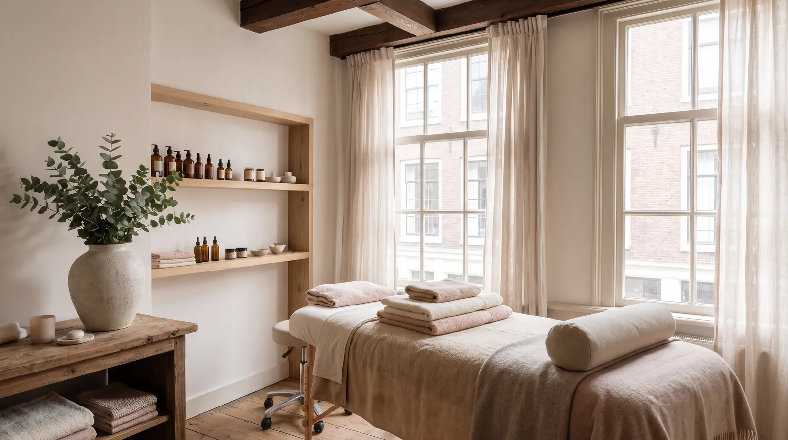 Lichte behandelkamer met behandelbed, linnen handdoeken en planten
